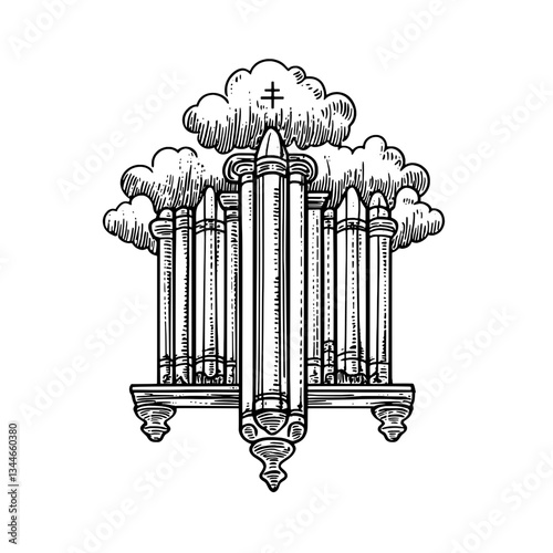 Intricate vintage engraving of columns emerging from clouds with a celestial motif, ideal for art enthusiasts and tattoo designs