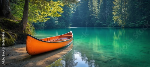 Tranquil Canoe Resting on a Serene Lake Surrounded by Lush Greenery in the Ea...