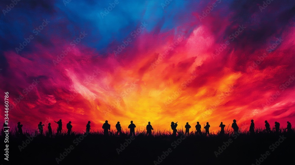 Fototapeta premium Silhouetted Figures at Sunset Painting - A vibrant sunset sky, painted in fiery hues of red, orange, and yellow