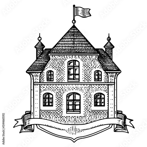 Engraved illustration of a vintage house design with ornate details and a flag atop, perfect for decorative tattoos or premium art prints