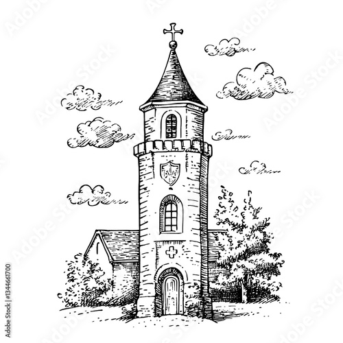 Intricate hand-drawn engraving of a charming vintage church tower surrounded by fluffy clouds and lush greenery at sunset