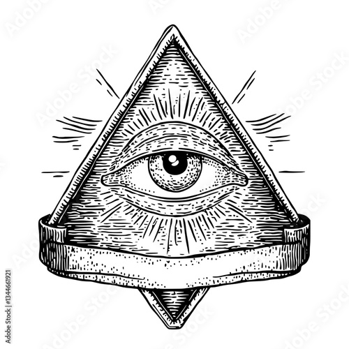 Engraved illustration of an all-seeing eye within a vintage triangle design, perfect for tattoo inspiration and artistic expression