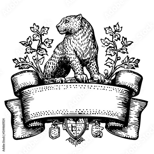Vintage engraved illustration of a majestic bear adorned with ivy, designed for unique tattoo artistry and creative branding