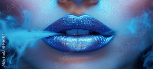 Vibrant Blue Lips Create a Captivating Atmosphere With Smoke Swirling in the Air