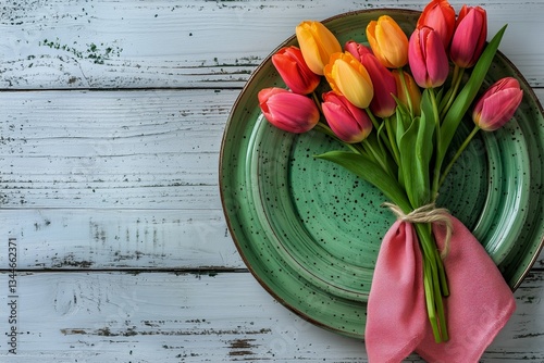 Colorful Tulips Arranged on Plates With a Soft Cloth Capturing a Serene Dinin...