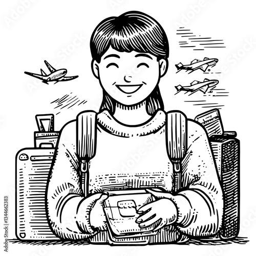 Joyful traveler embracing adventure with luggage and planes in the background, a vintage illustration capturing wanderlust