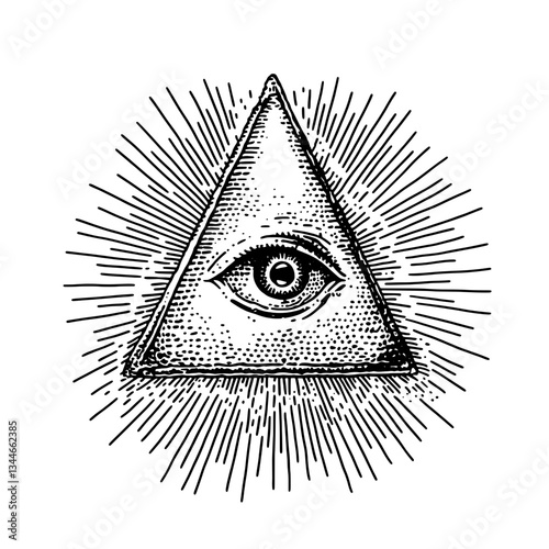 Engraved illustration of an all-seeing eye surrounded by rays in a vintage style design for unique tattoo ideas