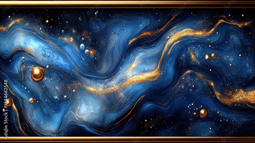 Fototapeta premium Abstract art, gold and blue marble fluid, modern design, framed artwork, cosmic texture, deep space, liquid, marble, swirls, gold, blue, dark, texture, background, pattern, 