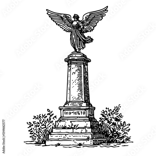 Engraved illustration of a vintage angel statue atop a pedestal surrounded by greenery in a serene outdoor setting