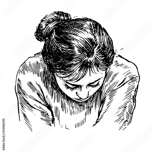 Engraved vintage illustration of a contemplative young woman with a bun looking downward in a thoughtful pose