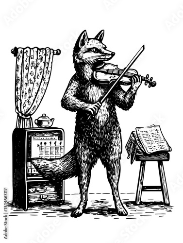 Unique vintage engraving of a fox playing the violin in a cozy room setting