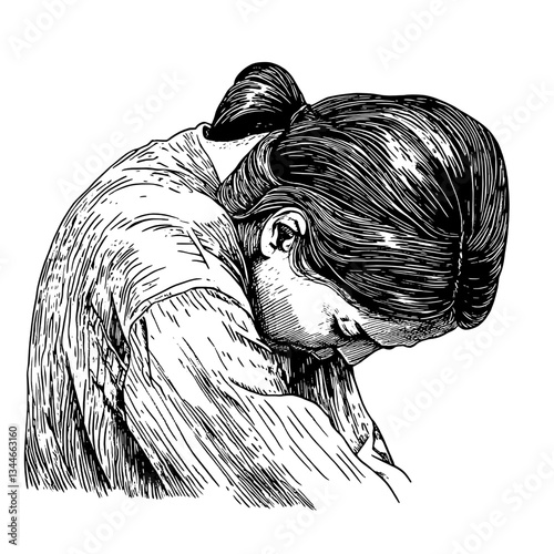 Expression of introspection captured in intricate hand-drawn engraving showcasing vintage tattoo design aesthetics