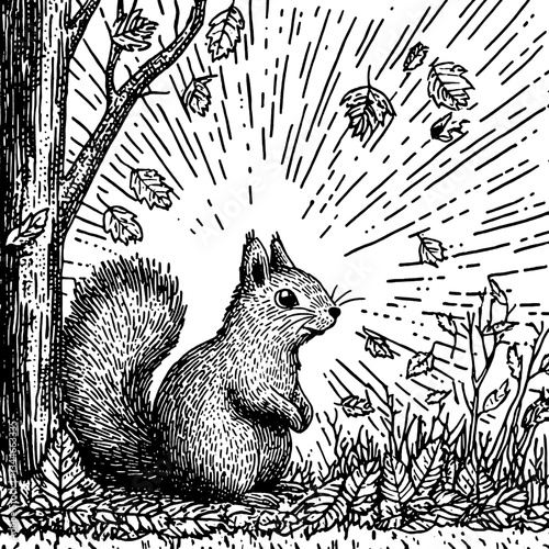 Charming engraved illustration of a squirrel basking in autumn light amidst falling leaves