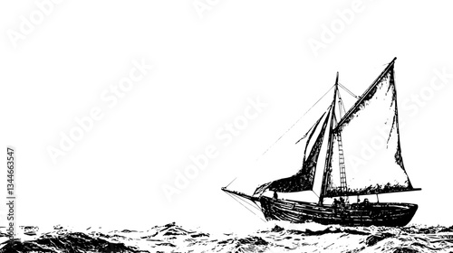 Vintage engraved illustration of a majestic sailing ship navigating turbulent waters in a timeless maritime adventure