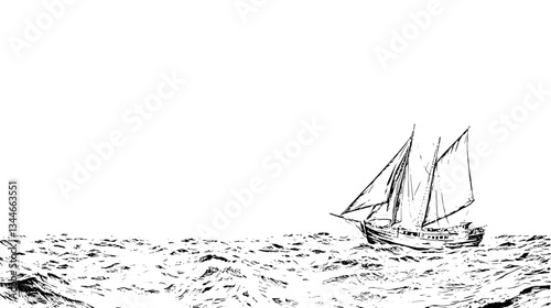 Vintage engraved illustration of a sailing ship navigating through turbulent waters in a timeless maritime adventure