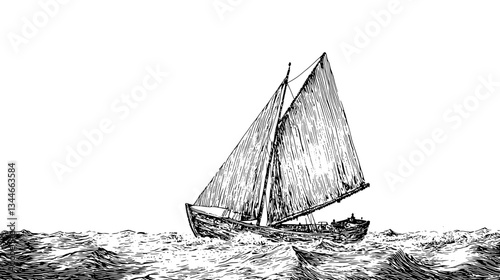 Vintage engraved illustration of a sailboat navigating through turbulent waters with a hand-drawn aesthetic