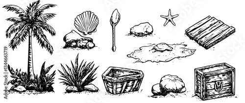 Engraved illustration capturing a vintage coastal treasure scene with palm trees, shells, and rustic artifacts beautifully detailed in black and white
