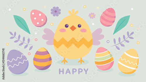 A pastel illustration of a chick surrounded by decorated eggs and floral elements. Perfect for Spring Invitations, Holiday Branding, and Creative Event Projects