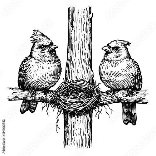 Engraved illustration of two birds and their nest showcasing vintage hand-drawn artistry in black and white style