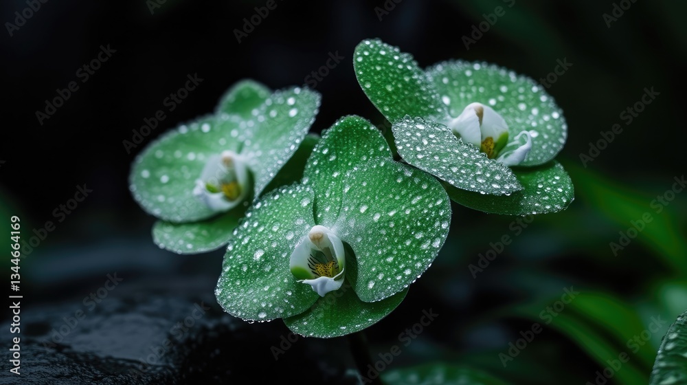 Delicate green orchid blossoms with water droplets Delicate green orchid blossoms with water droplets