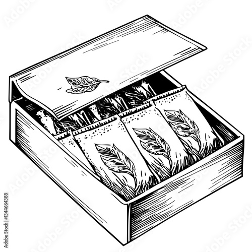 Engraved vintage illustration of a decorative box showcasing meticulously designed leaf-themed packets