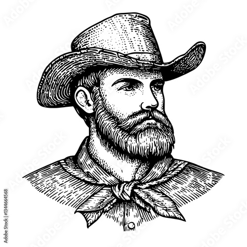 Engraved illustration of a rugged cowboy showcasing vintage tattoo design artistry