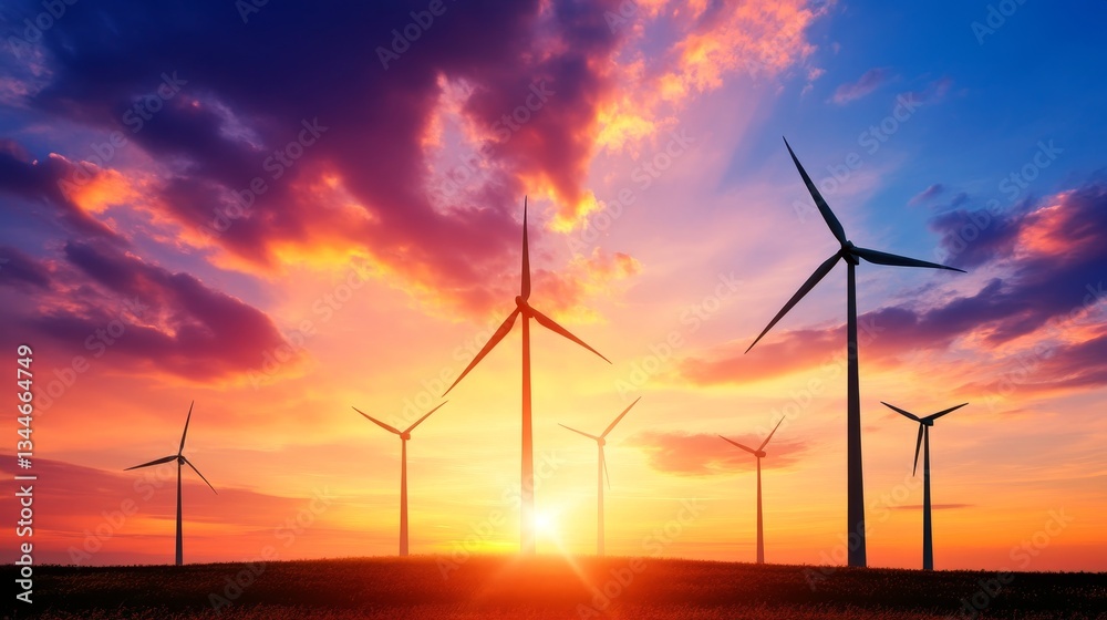 Obraz premium Wind Turbines at Sunset - Silhouetted wind turbines stand tall against a vibrant sunset, showcasing clean energy and natural beauty