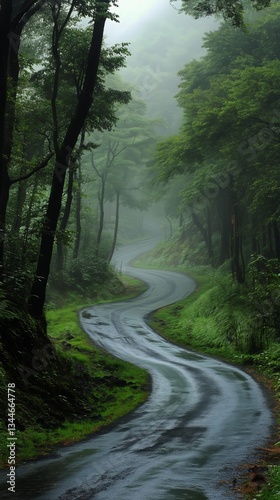 Winding Road Through Lush Green Forest During Misty Morning in Scenic Landscape