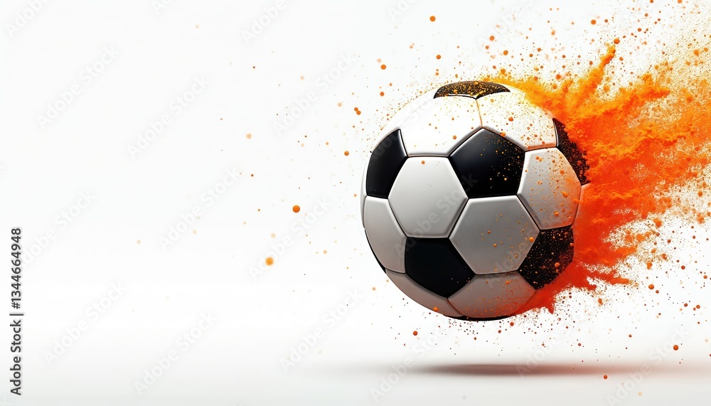 Fototapeta premium Soccer ball in dynamic motion with orange, black splashes. Suggests energy and movement on clean white background. Sport, action, excitement, intensity. For athletic, agility, competition themes.