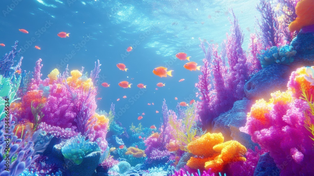 Fototapeta premium Vivid underwater coral reef scene with many small swimming fish