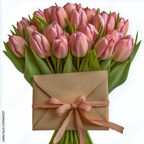 Beautiful Bouquet of Pink Tulips With an Envelope Tied in a Ribbon