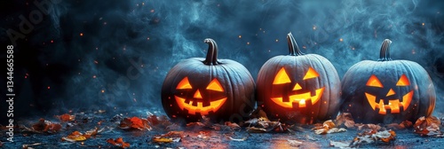 Spooky Halloween Pumpkins Glowing in the Night With Fallen Leaves Around