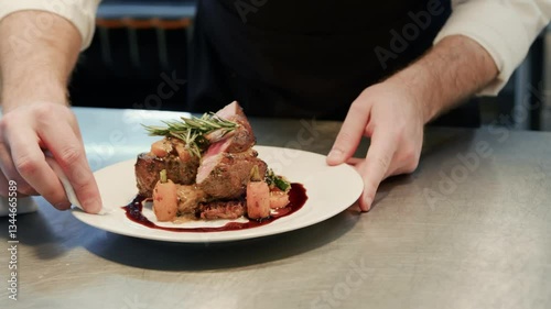A chef presents a beautifully plated gourmet steak dish with roasted vegetables, fresh rosemary, and a rich sauce on a white plate. The setting suggests a fine dining restaurant.