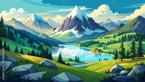 Breathtaking panoramic view of an idyllic alpine landscape with a serene mountain lake surrounded by lush green meadows rolling hills and majestic snow capped peaks in