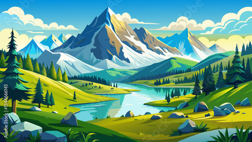 Breathtaking panoramic view of an idyllic alpine landscape with a serene mountain lake surrounded by lush green meadows rolling hills and majestic snow capped peaks in