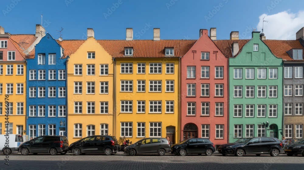 Fototapeta premium Colorful Houses Line Sunny City Street
