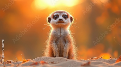 Wallpaper Mural A curious meerkat stands on a sandy surface during a vibrant sunset, surrounded by autumn foliage Torontodigital.ca