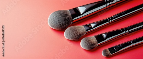 Makeup Brushes Arranged Neatly on a Vibrant Red Background for Beauty Applica...