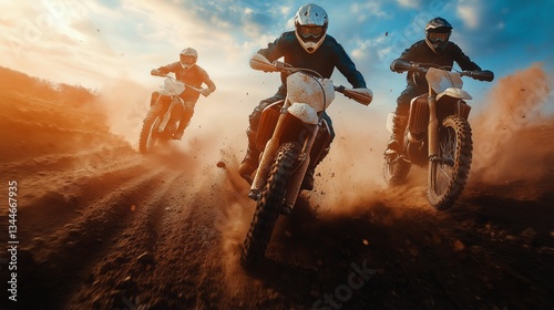 Three Motocross Riders Racing on Dirt Track During Sunset, Creating a Cloud o...