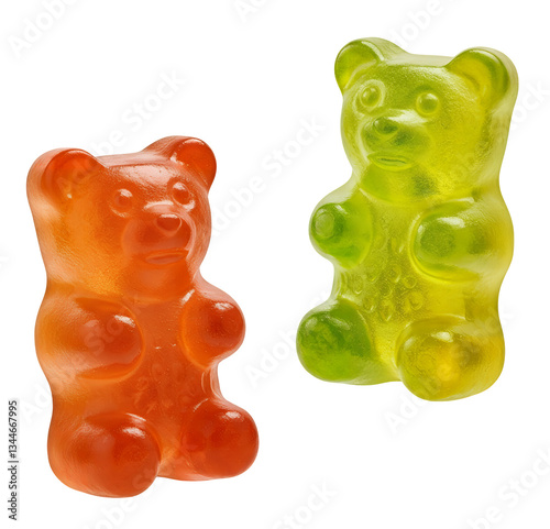 Colorful Gummy Bear Candy Pair in Vibrant Orange and Green on a White Background