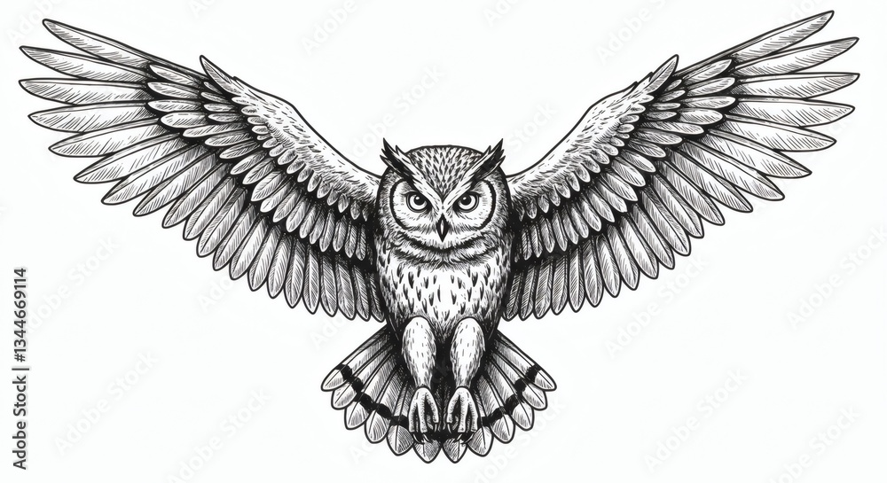 Obraz premium Majestic Owl in Flight: A Striking Black and White Illustration of a Great Horned Owl with Wings Spread Wide