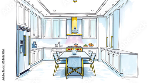 A modern, minimalist kitchen with a linear layout ,The kitchen features white cabinetry with wooden countertops, creating a clean and bright aesthetic