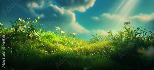 Serenity in a Sunlit Forest Clearing During Early Morning With Soft Grass and...
