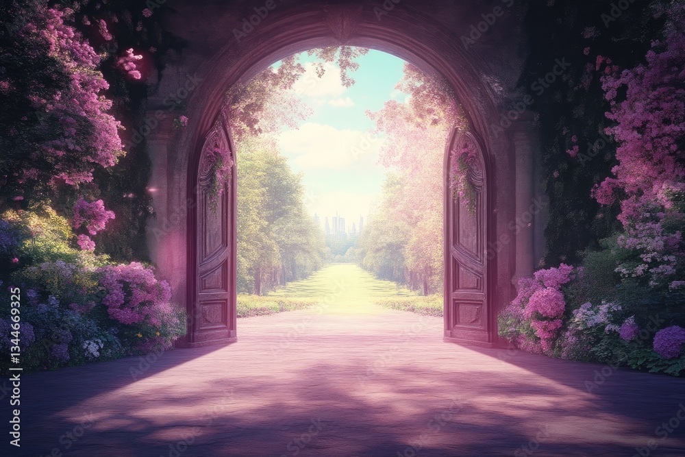 Magical Garden Archway Opens to Distant City Magical Garden Archway Opens to Distant City