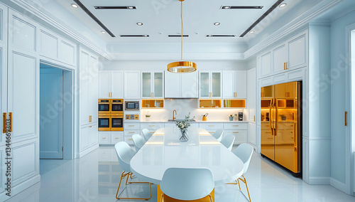 A modern, minimalist kitchen with a linear layout ,The kitchen features white cabinetry with wooden countertops, creating a clean and bright aesthetic
