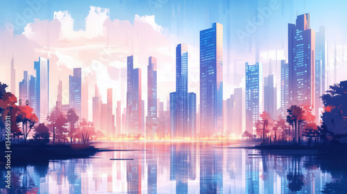 Modern Urban Architecture Featuring Towering Skyscrapers and Reflections in a Smart City, Perfect for Corporate Brochure Templates and Business Marketing Materials