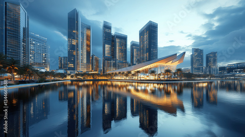 Modern Urban Architecture Featuring Towering Skyscrapers and Reflections in a Smart City, Perfect for Corporate Brochure Templates and Business Marketing Materials