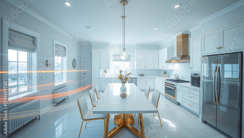 A modern, minimalist kitchen with a linear layout ,The kitchen features white cabinetry with wooden countertops, creating a clean and bright aesthetic