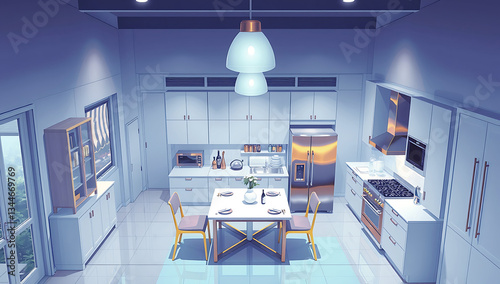 A modern, minimalist kitchen with a linear layout ,The kitchen features white cabinetry with wooden countertops, creating a clean and bright aesthetic