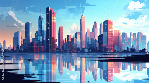 Modern Urban Architecture Featuring Towering Skyscrapers and Reflections in a Smart City, Perfect for Corporate Brochure Templates and Business Marketing Materials